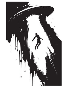 UFO Silhouette Vector, Flying Saucer with Abduction Beam, Black and White Sci Fi Illustration