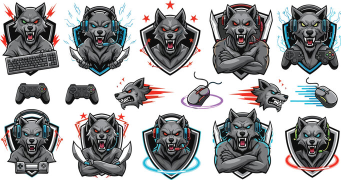 Wolf Gamer Esports Mascot Set with Aggressive Gaming Characters, Headphones, Controllers, Shields, and Competitive Team Logo Vector Illustration Collection.