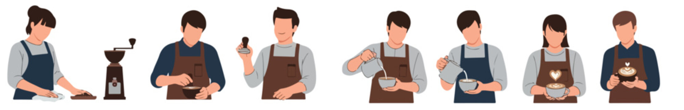 A barista wearing a apron preparing a latte, minimalist flat vector style, no borders, clean and modern, white backdrop.