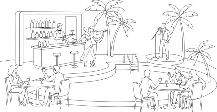 Vector illustration of a couple dancing at a tropical poolside bar with a singer and people enjoying drinks