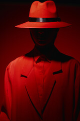 Female model dressed in vibrant red fashion coat and hat posing under dramatic studio lighting....