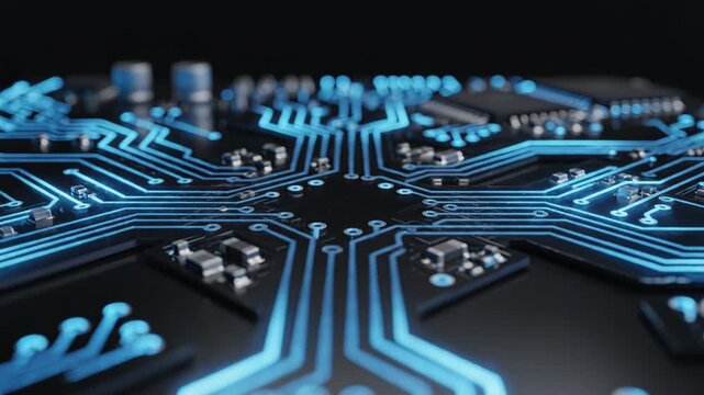 Closeup of a hightech computer circuit board with glowing blue electronic pathways and microchip components representing hardware and data processing