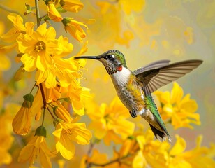 Obraz premium A hummingbird hovers near bright yellow flowers