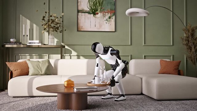 AI-powered humanoid robot cleans an apartment, picking up dirty dishes in a modern living room. Advanced household and housekeeping automation. Future smart home technology. 3d animation rendering