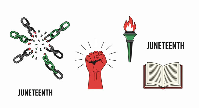 Juneteenth illustration shows broken chains, a raised fist. Juneteenth features a flaming torch and an open book, symbolizing freedom, education, emancipation.