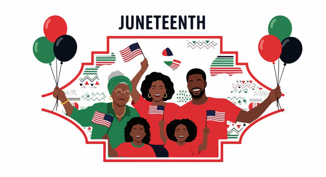 Juneteenth celebration depicts African American family holding flags, balloons. Juneteenth celebration portrays smiling adults, children celebrating freedom, unity, heritage.