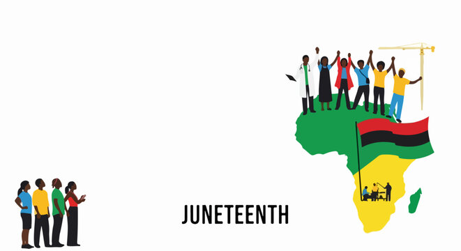 Juneteenth graphic shows diverse silhouettes on Africa map with pan African flag colors. Juneteenth commemorates freedom, unity, and heritage, integrating symbolic historical elements.