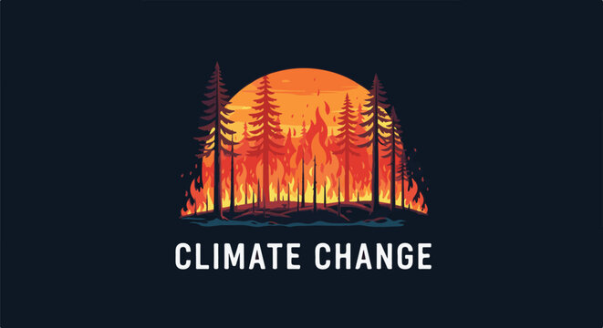 Silhouette of trees against a blazing sunset, symbolizing a forest fire