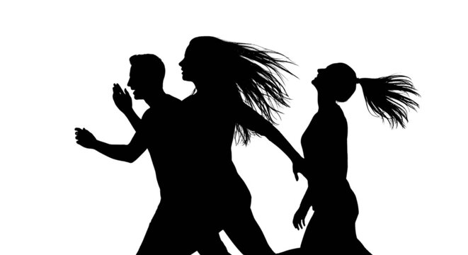 Silhouette of three people running together in unison