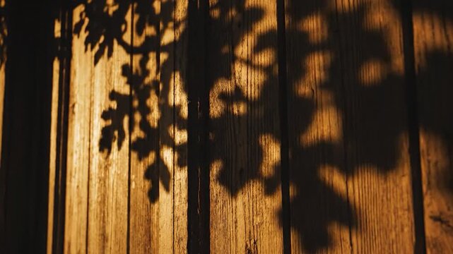 The warm golden light of sunset casts intricate leaf shadows onto a weathered wooden surface, creating a beautiful natural pattern