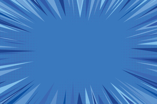 Abstract blue comic book rays explosion background. Pop art speed lines halftone zoom design. 