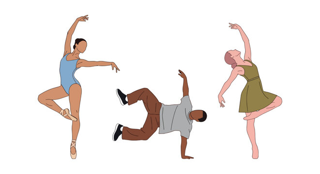 Dancers set in ballet and hip hop poses, contemporary dance people, flat vector illustration