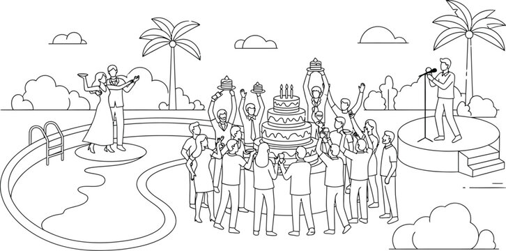 People celebrating a birthday party with a large cake outside