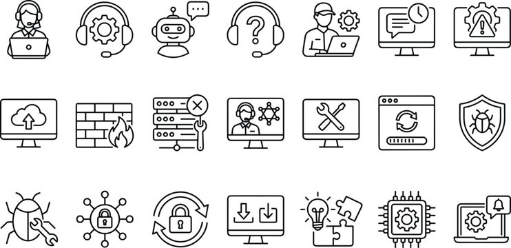 Technical Support and IT Service Line Icon Set Featuring Helpdesk, Cybersecurity, Software Maintenance, Bug Fixing, Cloud Systems, and Digital Technology Concepts