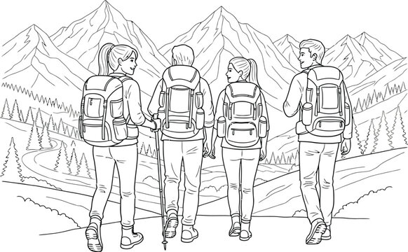 Four friends hiking together in the mountains with backpacks and trekking poles