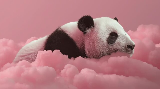 Cute Panda Sleeping on Soft Pink Clouds in a Surreal Dream World