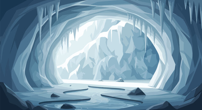 Ice Cave Interior with Frozen River and Icicles