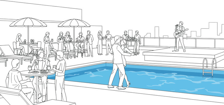 Rooftop pool party with live music and people socializing