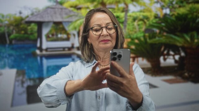 Woman with grey hair and glasses tapping smartphone screen with both hands by poolside building gazebo; digital connection concentration.