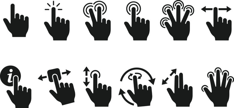 Touchscreen Gestures and Interactions Icons Set Featuring Tap, Pinch, Swipe, Zoom, and Multi-Finger Controls for Mobile, Web, and UI Designs