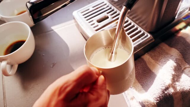 Close Up First Person View Adjusting Milk Pitcher During Frothing Process In Slow Motion, Controlling Texture And Temperature For Perfect Coffee Foam