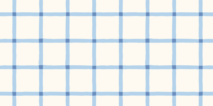 Blue watercolor gingham seamless pattern, hand-painted checkered grid background. Geometric background.