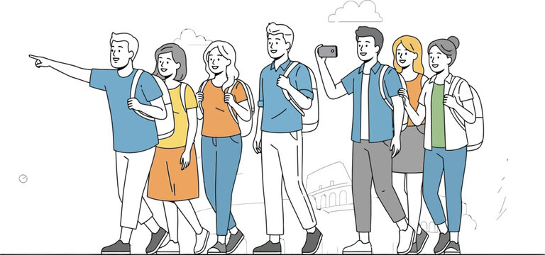 Group of happy tourists with backpacks walking and taking photos in famous cities