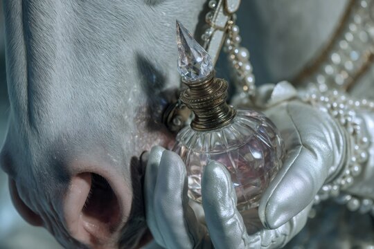 White unicorn sniffing a vintage crystal perfume bottle held by a gloved hand, emphasizing fantasy, beauty, and elegance
