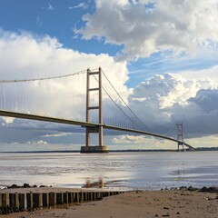 Obraz premium A large suspension bridge over a body of water under a cloudy sky