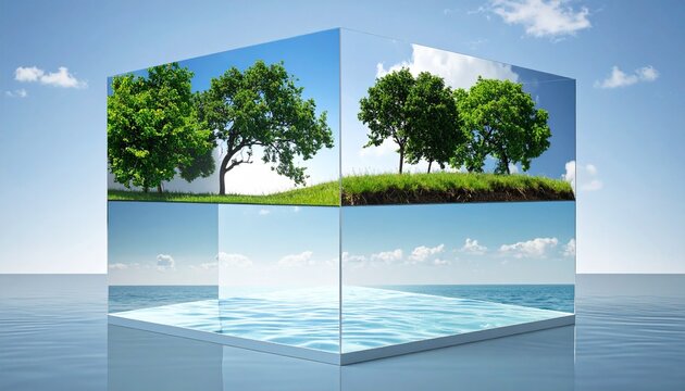 Cube of Nature Serenity Reflecting on Water Surface with a Blue Sky Backdrop for Environmental and Wellness Concepts.