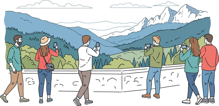 People taking photos of a scenic mountain view on a viewing platform