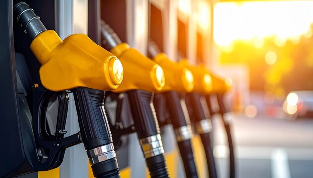 Gas Station Fuel Nozzles at Sunset Filling Up the Tank Modern Transportation Energy Automotive Industry.