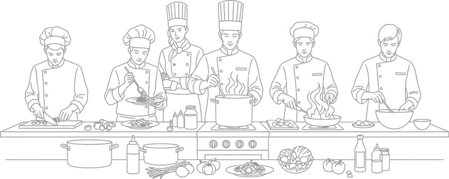Professional chefs working together in a commercial kitchen preparing food