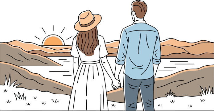Young couple holding hands and watching sunset on a romantic getaway