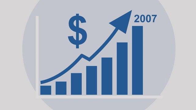 Blue bar graph with upward trending arrow and dollar sign indicating financial growth and positive economic performance in the year 2007