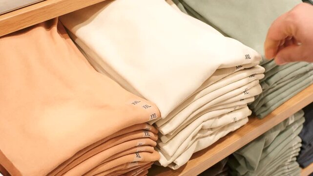Hand chooses clothes on shelves in the store close-up, top view.