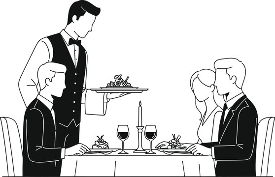 Romantic dinner for two being served by a waiter in a restaurant setting with candlelight