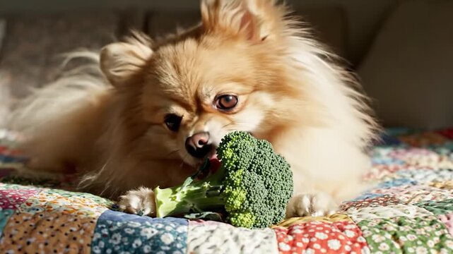 A fluffy small dog with light brown fur curiously sniffs a fresh green broccoli floret while lying on a colorful patchwork quilt