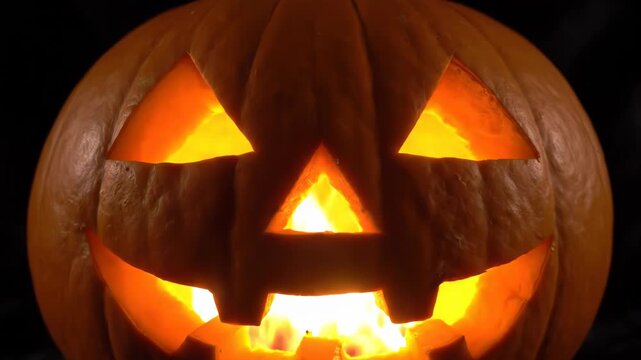 A carved halloween pumpkin jackolantern glowing from within against a dark black background