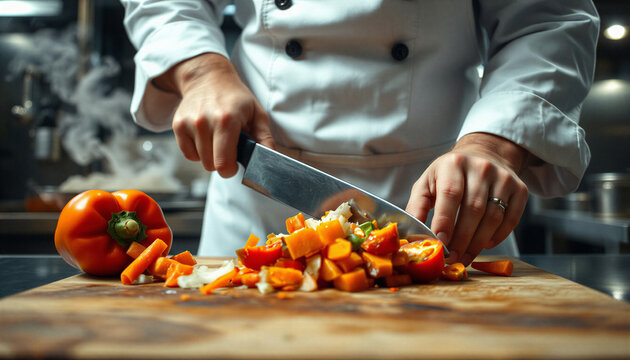 Chef chopping vegetables with concentration in a bright kitchen