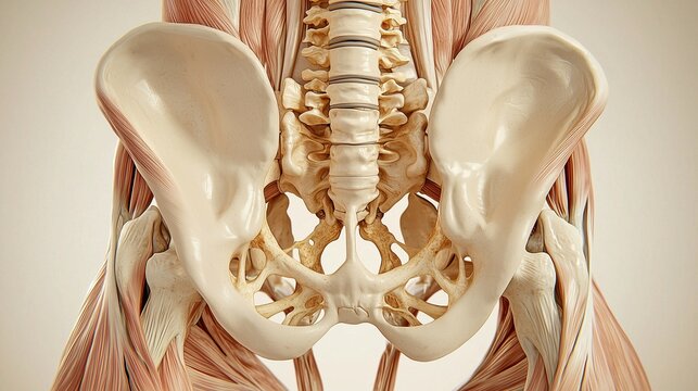 Correct Posture Month:3D medical illustration of pelvis and lumbar spine in neutral correct position, anterior and lateral view, highlighted iliac crest sacrum and L4 L5 vertebrae
