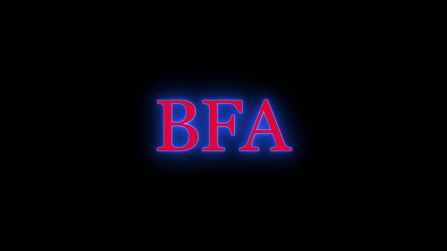 Red BFA acronym text with blue neon glowing outline flickering on black background in professional cinematic style
