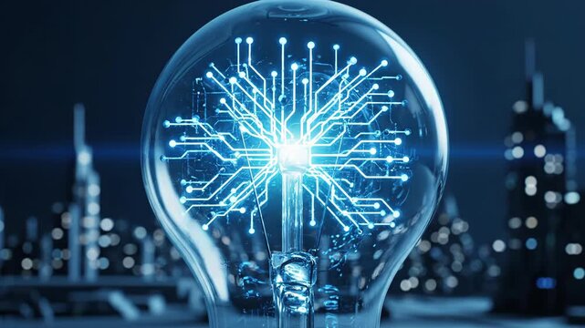 A glowing light bulb with a digital circuit board brain inside, set against a blurred city skyline at night