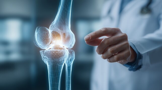 Clinician pointing at knee joint x-ray overlay to evaluate joint for pain management and treatment planning.