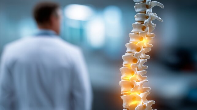 Human spine model with highlighted painful vertebrae in clinical setting, clinician in background &acirc;&euro;&rdquo; concept, pain management for skeletal trauma and soft tissue pain.