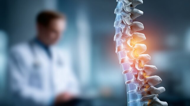Spinal column model with highlighted vertebrae indicating localized pain, blurred clinician in background representing clinical pain management for skeletal trauma and soft tissue injury.