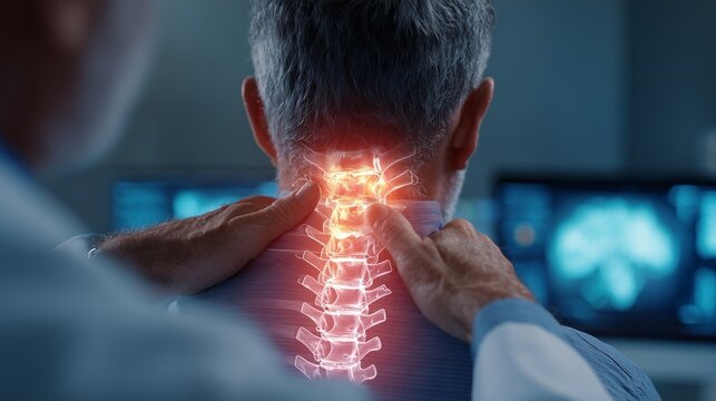 Doctor examining patient neck with highlighted cervical spine overlay, representing trauma rehabilitation and injury pain management.