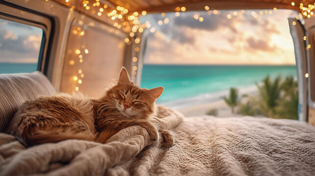 A fluffy ginger cat is sleeping peacefully, curled up on a warm blanket in a van with the door open, overlooking the turquoise sea and the beach at sunset, with twinkling lights all around.
