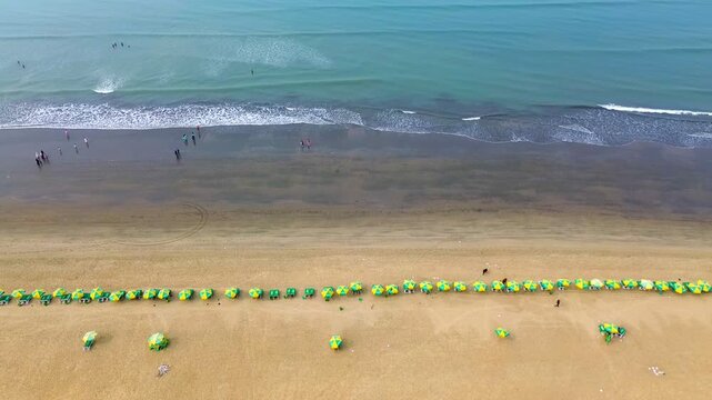 Aerial view of a beach with rows of green umbrellas lining the golden sand meeting the turquoise ocean water, Cox's Bazar, Bangladesh.