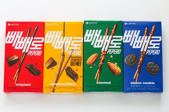 Tangerang, Indonesia - January 16, 2026: Original, Choco-filled, Almond, and Choco cookie Pepero.